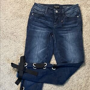 Bebe Heartbreaker Dark Blue Skinny Jeans Ribbon Lace Up Size 26 NWOT